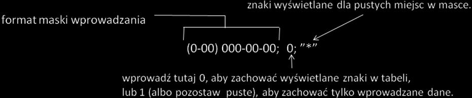 dosłowny" Hasło Jeśli w widoku projektu tabeli lub formularza właściwości Maska wprowadzania zostanie nadana wartość Hasło, program utworzy pole wprowadzania hasła.