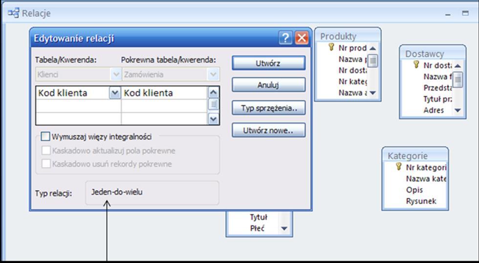 W tym celu na pole klucza tabeli po stronie jeden relacji (powiedzmy tabela Klienci) najeżdżamy myszą i trzymając wciśnięty klawisz myszy upuszczamy na pole klucza obcego tabeli po stronie wiele