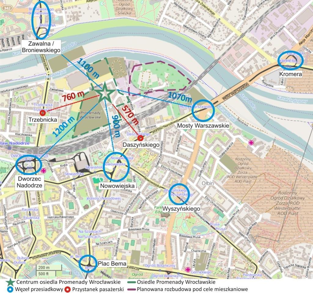 1.2. Otaczający układ sieci komunikacji zbiorowej i węzły przesiadkowe Osiedle Promenady Wrocławskie jest osiedlem powstającym na terenach poprzemysłowych.