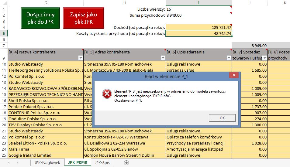 Weryfikacja danych i tworzenie pliku JPK Gdy naciśniesz przycisk [Zapisz jako plik JPK], program: 1. Buduje (na razie w pamięci RAM) wynikowy plik JPK.
