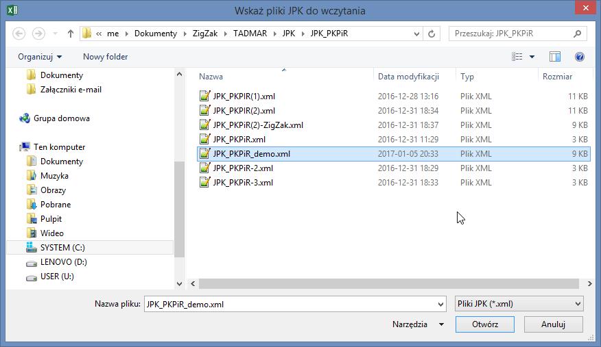 Wczytywanie pliku JPK Aby załadować do skoroszytu zawartość jakiegoś pliku JPK, naciśnij w arkusz JPK-Nagłówek przycisk [Wczytaj z pliku JPK].