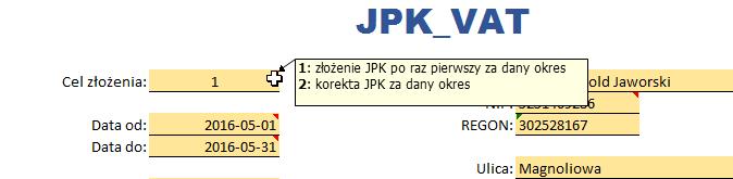 Aby ułatwić wypełnianie wszelkich mniej oczywistych pól JPK, umieściłem w ich prawym górnym narożniku komentarze.