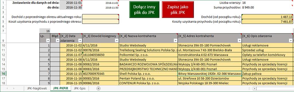 Kolejne dwa pola znajdują się w arkuszu JPK-PKPiR.