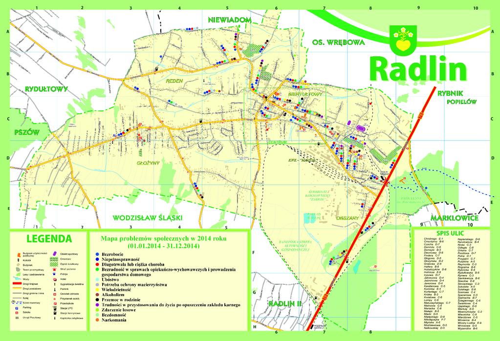 Mapa nr 1. Problemy społeczne w układzie ulic. Opracowanie: Ośrodek Pomocy Społecznej w Radlinie.
