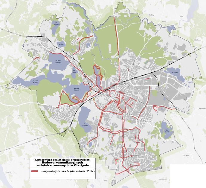 Mapa 12. Istniejące drogi dla rowerów w Olsztynie (stan na koniec 2015 r.