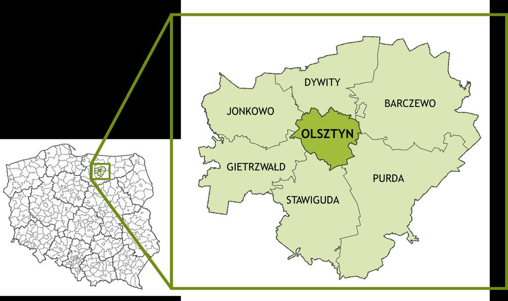 MOF Olsztyna tworzy miasto Olsztyn na prawach powiatu oraz 6 otaczających je gmin należących do powiatu olsztyńskiego: Barczewo, Dywity, Gietrzwałd, Jonkowo, Purda, Stawiguda. Mapa 1.