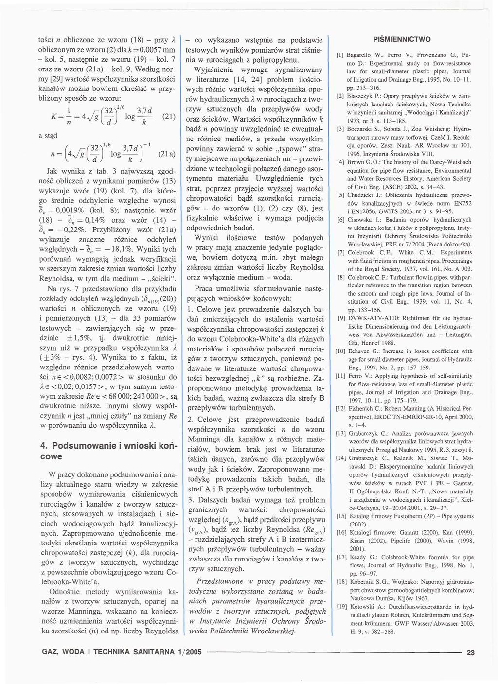 tości n obliczone () przy l obliczonym (2) dla k=0,005 koi. 5, następnie (9) koi. oraz (2 a) koi. 9.