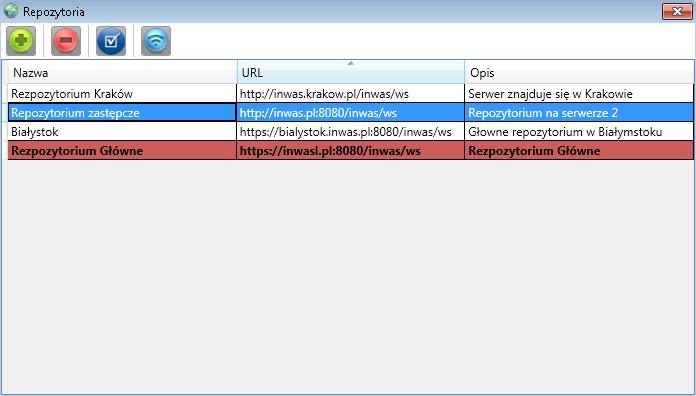 W aplikacji istnieje możliwość dodania wielu repozytoriów, jednak używane jest tylko jedno naraz (oznaczone pogrubioną
