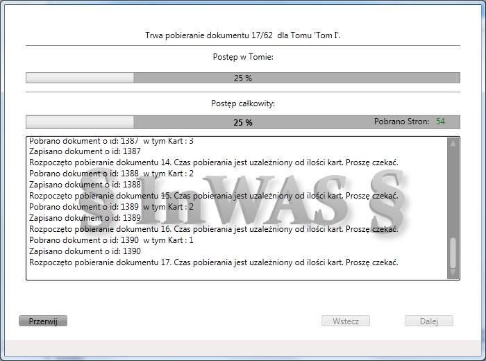 Etap 4 Postęp importu Okno postępu importu dokumentów Ostatni etap to już operacja importu. W oknie wyświetlany jest pasek postępu pobierania i zapisywania plików, wraz dodatkowymi komunikatami.