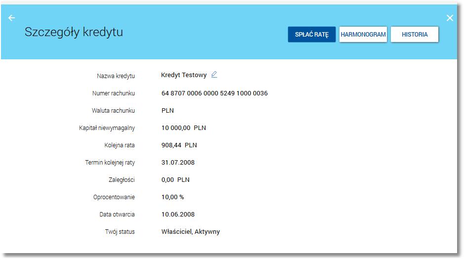 Rozdział 6 Przeglądanie szczegółów kredytu Rozdział 6. Przeglądanie szczegółów kredytu W ramach dostępnych kredytów użytkownik ma możliwość przeglądania szczegółów kredytu.