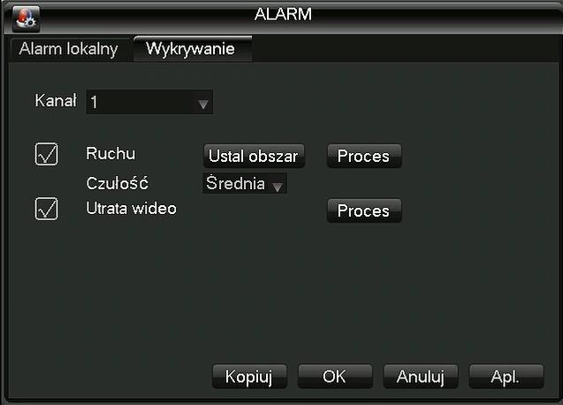 Okno ustawień alarmów 4.2.1 Detekcja Pozwala na włączenie działania detekcji ruchu w rejestratorze dla wybranych lub wszystkich kanałów wideo.