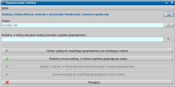 Jeżeli chcemy zrezygnować z dopasowania osoby, wybieramy przycisk Rezygnuj, wówczas proces wczytywania wniosku zostanie przerwany - wniosek pozostanie odebrany.