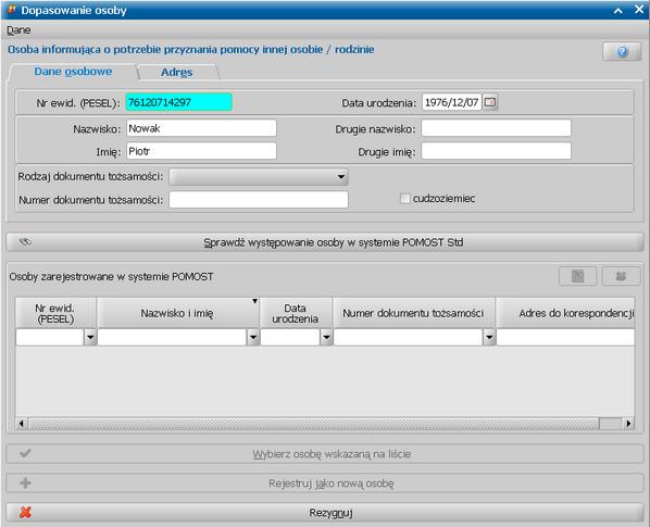 Wczytanie odebranej informacji o potrzebie przyznania pomocy społecznej innej osobie/rodzinie Aby wczytać do systemu POMOST odebraną z Portalu Informacyjno-Usługowego informację o potrzebie