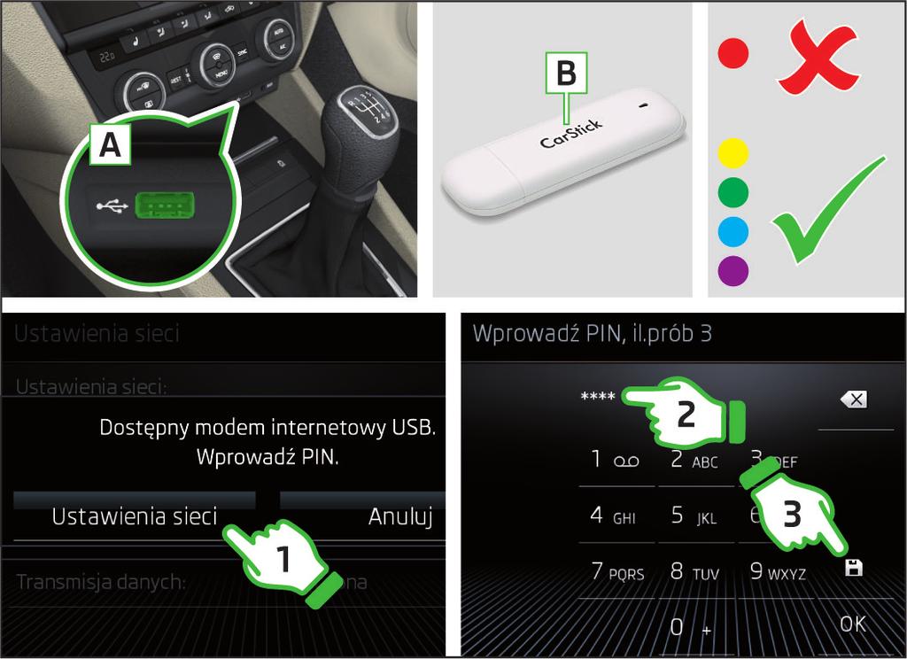 Nawiązywanie połączenia przy pomocy urządzenia CarStick Przy pierwszym użyciu wybrać ustawienie usług transmisji danych oraz żądanego dostawcę tych