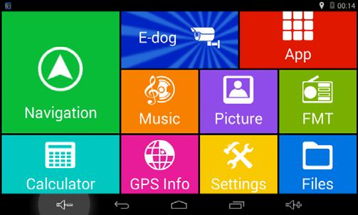 Podstawowe funkcje: Panel uruchamiania Odtwarzanie muzyki i wideo, wyświetlanie zdjęć Lista aplikacji Nadajnik FM Zarządzanie plikami Kalkulator Stan odbiornika GPS i inne