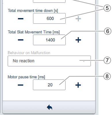 [5] Ustawianie czasu przesuwania w górę/w dół w sekundach przyciskami -/+ [6] Ustawianie czasu przesuwania lamel w milisekundach przyciskami -/+ [7] Zachowanie w przypadku usterek Tylko wyświetlenie