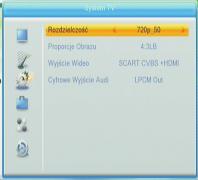 System TV Ta pozycja menu pozwala na ustawienie Rozdzielczości Wideo, Proporcje obrazu, Wyjście Wideo oraz cyfrowe Wyjście Audio.