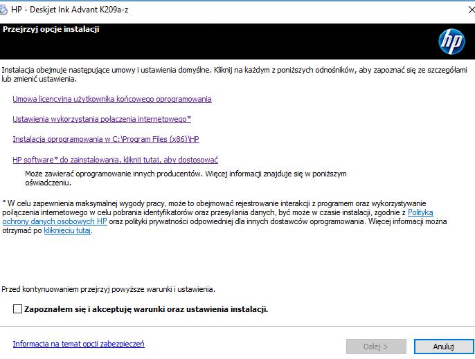 Instalacja urządzenia instalacja W następnym oknie należy zaznaczyć, że zapoznało się z