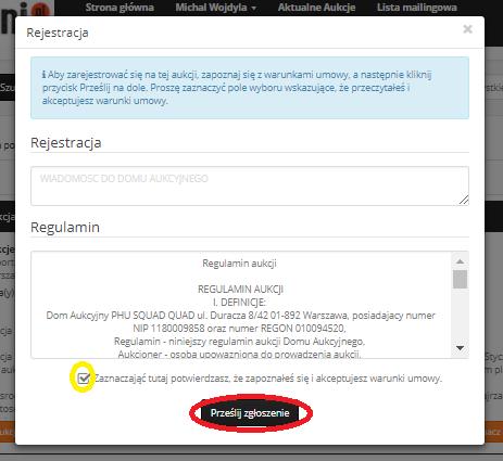 Krok 12 Proszę zapoznać się z regulaminem Aukcji Broni Palnej i zaznaczyć, że