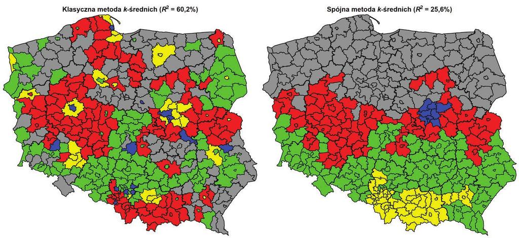Grupowanie metodą k-średnich z warunkiem spójności 219 4. Przykładowe wyniki W przedstawionym poniżej przykładzie analizowano poziom życia w powiatach w roku 2013.
