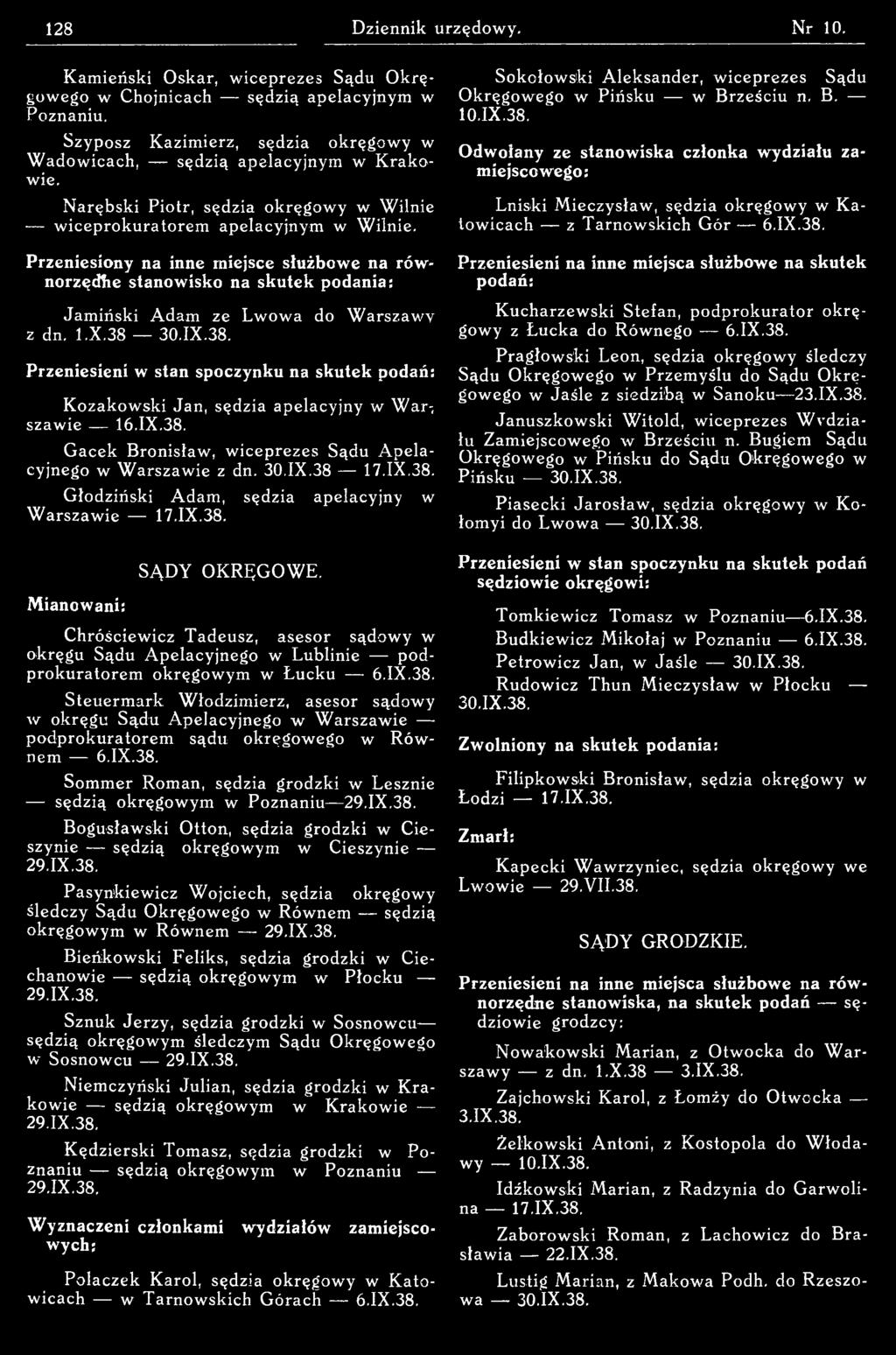 IX.38. Mianowani: SĄDY OKRĘGOW E. Chróściewicz Tadeusz, asesor sądowy w okręgu Sądu A pelacyjnego w Lublinie p od prokuratorem okręgow ym w Łucku 6.lX.38. Steuermark W łodzimierz, asesor sądowy w okręgu Sądu Apelacyjnego w W arszawie podprokuratorem sądu, okręgow ego w R ów nem 6.