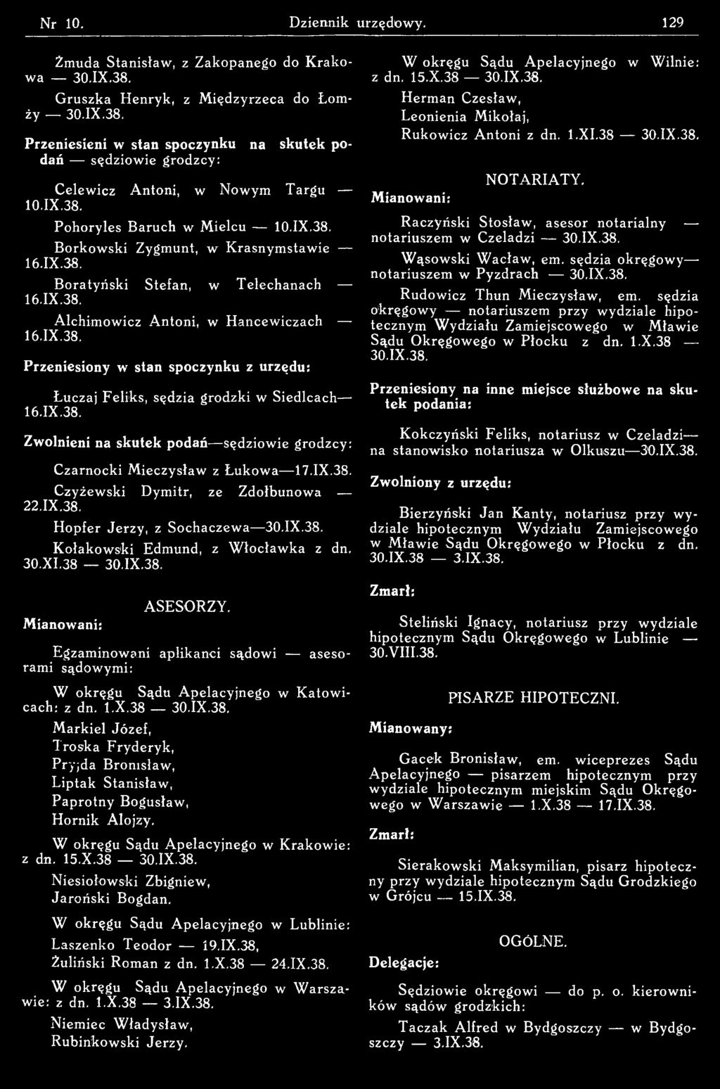 W okręgu Sądu A pelacyjnego w Krakowie: z dn. 15.X.38 30.IX.38. N iesiołowski Zbigniew, Jaroński Bogdan. W okręgu Sądu Apelacyjnego w Lublinie: Laszenko Teodor 19.IX.38, Żuliriski Roman z dn. 1.X.38 24.