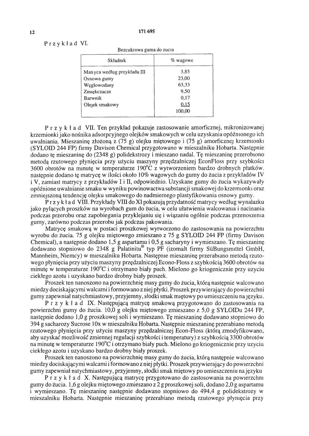 12 171 695 Przykład VI. Bezcukrowa guma do żucia Składnik % wagowe M atiyca według przykładu III 3,85 Osnowa gumy 23,00 Węglowodany 63,33 Zmiękczacze 9,50 Barwnik 0,17 Olejek smakowy 0.