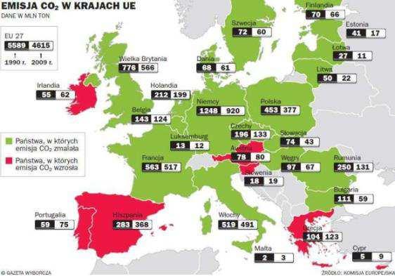 Mapa 1 Emisja, CO 2 w krajach Unii Europejskiej w roku 1990 i 2009