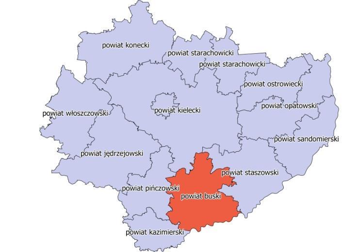 Zajmuje teren pagórkowaty, położony w obrębie Pogórza Szydłowskiego i Niecki Połanieckiej, przy trasie Jędrzejów Staszów.