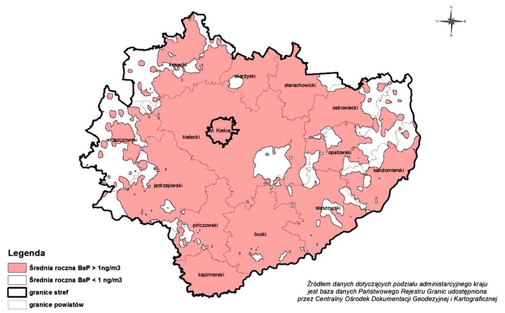 Mapa 7 Rozkład stężenia rocznego benzo(a)pirenu w pyle PM10 na terenie województwa świętokrzyskiego w 2015 roku Źródło: Ocena jakości powietrza w województwie świętokrzyskim w roku 2015, Wojewódzki