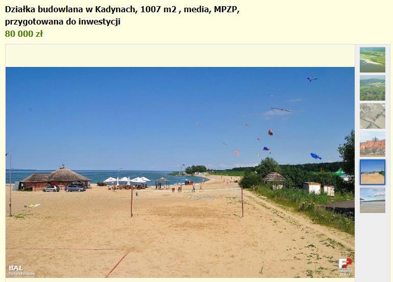[17/35] Zakup nieruchomości Rysunek 33. Plaża w obszarze Kadyn Po prawej stronie obszaru oferty znajduje się również numer telefonu do kontaktu.