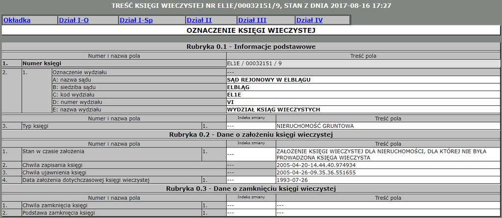 [20/35] Zakup nieruchomości Rysunek 39. Zapisy w wybranej KW z podziałem na działy.