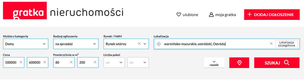 [8/35] Zakup nieruchomości Po wpisaniu wartości kryteriów w odpowiednie pola i kliknięcie przycisku Szukaj przechodzimy do listy wszystkich ofert, które je spełniają. Rysunek 14.