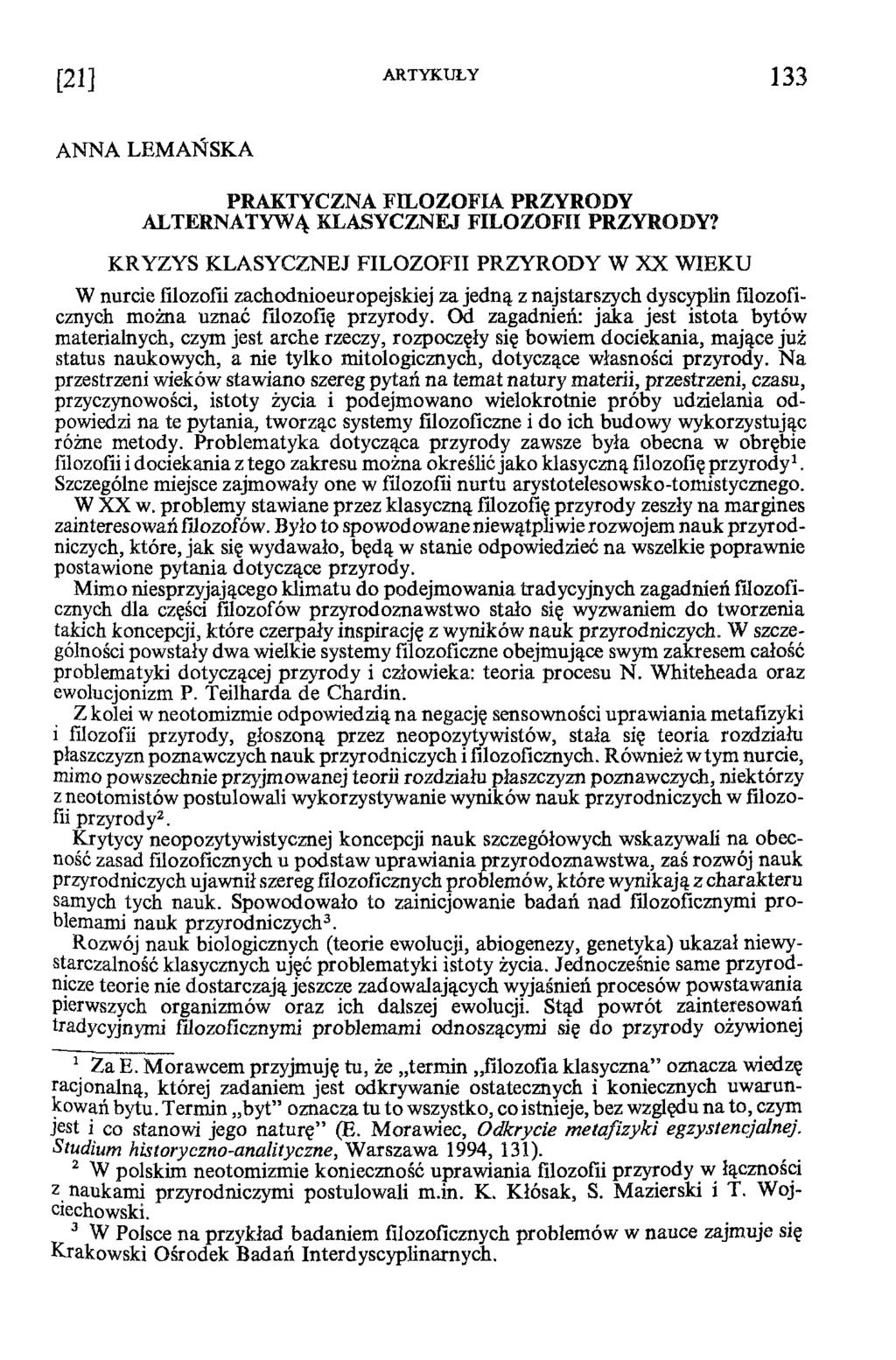 ANNA LEMAŃSKA PRAKTYCZNA FILOZOFIA PRZYRODY ALTERNATYWĄ KLASYCZNEJ FILOZOFII PRZYRODY?
