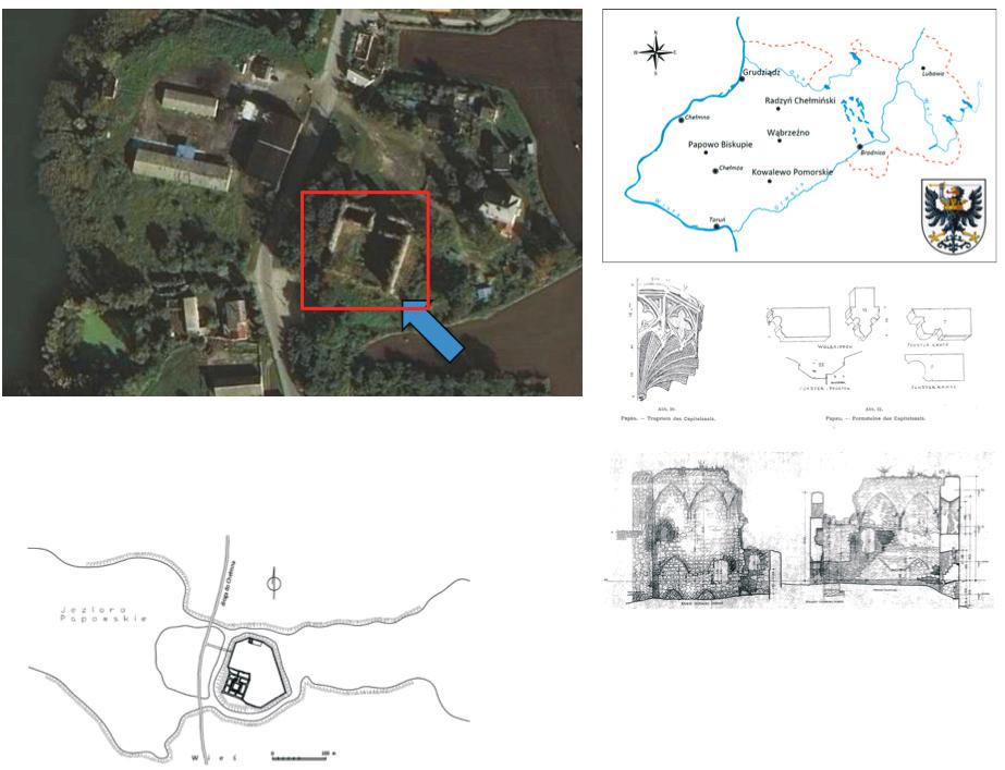 212 Marcin Wiewióra Ryc. 10. Zamek w Papowie Biskupim. Topografia i widok zamku z lotu ptaka oraz fragment inwentaryzacji ruin z lat 50. XX wieku z detalem architektonicznym odkrytym podczas badań C.