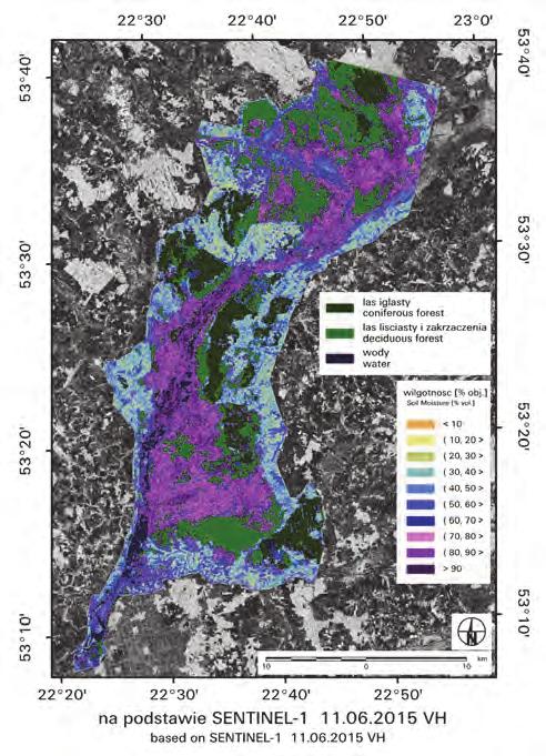 40 Woda-Środowisko-Obszary Wiejskie. T. 17. Z. 1 (57) Rys. 4. Mapa wilgotności gleby w dolinie Biebrzy opracowana na podstawie zdjęcia Sentinel-1 zarejestrowanego 11.06.2015 r.
