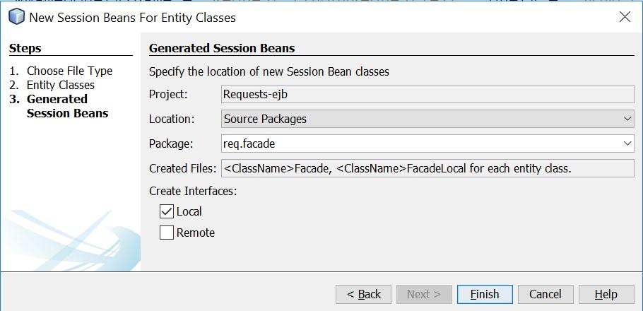 c) W ostatnim kroku kreatora zmień proponowany pakiet dla klasy komponentu na req.facade. Zaznacz, że komponent ma być dostępny tylko przez interfejs lokalny. Kliknij przycisk Finish.