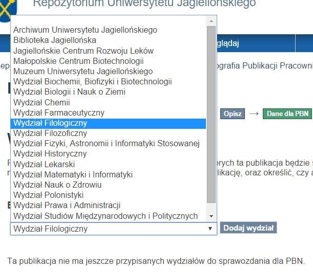 DANE DO PBN Rozwijamy listę i wybieramy Wydział Filologiczny a następnie