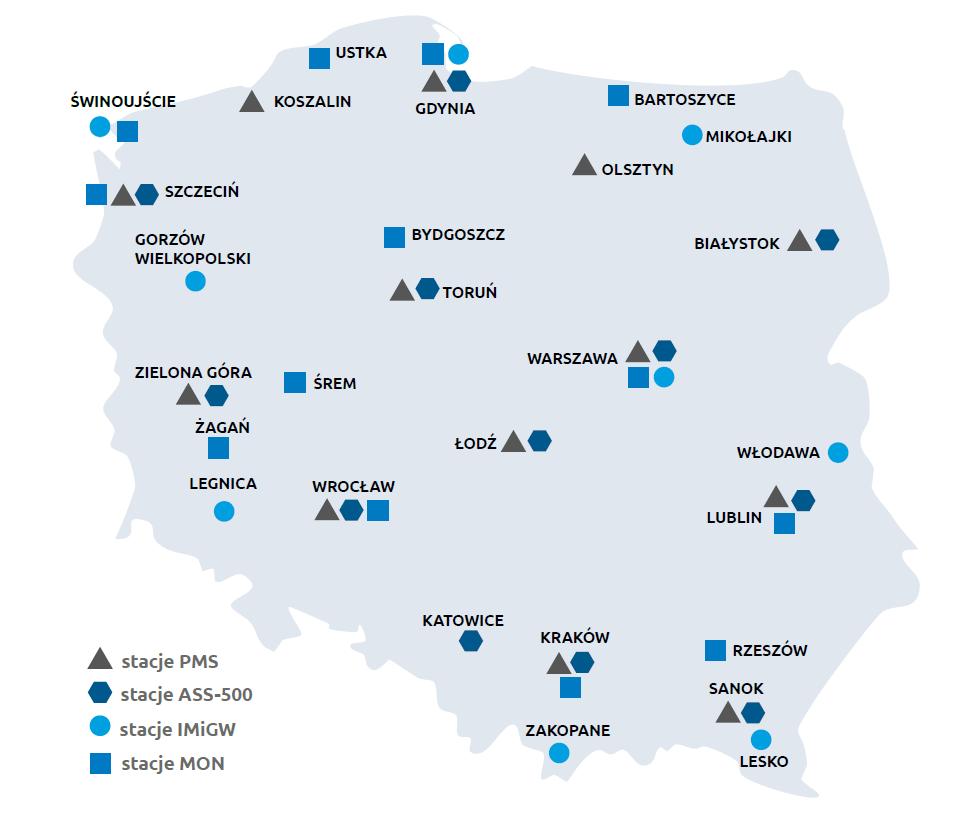 System ostrzegania i alarmowania Monitoring zagrożeń promieniotwórczych Wyniki monitoringu radiacyjnego kraju stanowią podstawę dokonywanej przez Prezesa PAA oceny sytuacji radiacyjnej Polski, która