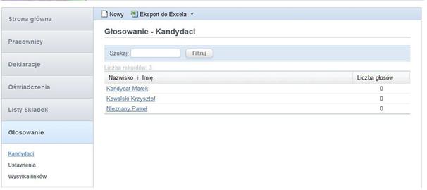 GŁOSOWANIE W module Głosowanie Administrator ma do dyspozycji następujące opcje: Kandydaci w tej opcji