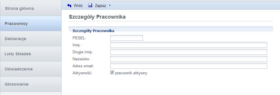 REJESTRACJA NOWEGO PRACOWNIKA Aby zarejestrować nowego pracownika należy kliknąć NOWY i wypełnić pola z danymi osobowymi PESEL pole obowiązkowe; IMIĘ PRACOWNIKA pole obowiązkowe; DRUGIE IMIĘ