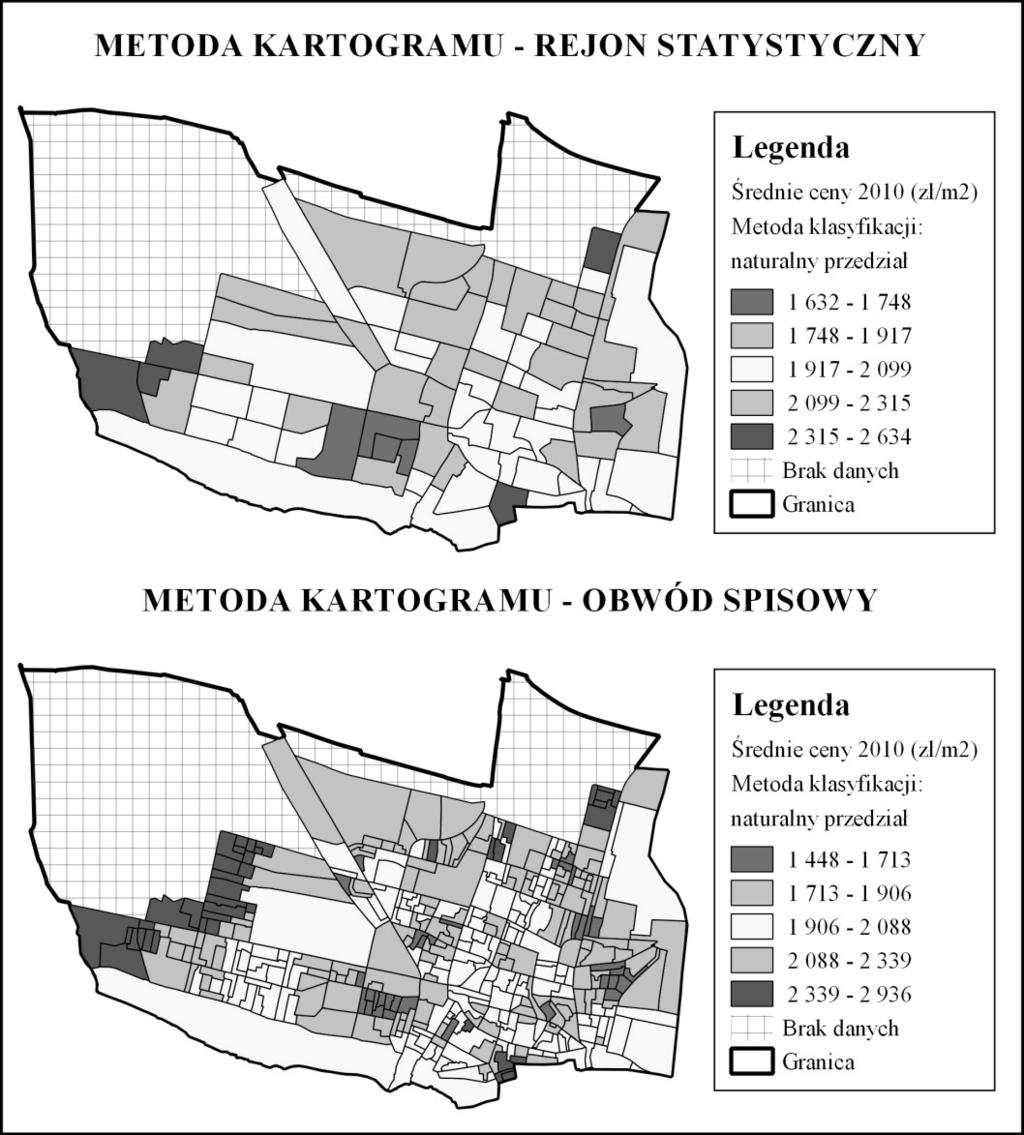 Krzysztof Gargula Analiza rynku nieruchomości lokalowych z wykorzystaniem metod GIS 259 Metodami ilościowymi, które z powodzeniem można wykorzystać w analizie rynku nieruchomości, są kartogram i