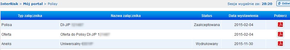 Po wyszukaniu odpowiedniej polisy i przejściu w jej szczegóły przy użyciu przycisku widoczne są wszystkie dokumenty załączone do danej polisy, w tym aneksy, wraz z możliwością