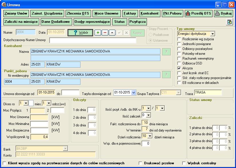 UMOWY Z ODBIORCAMI: o o o o WORKFLOW MONITORING ZMIANA SPRZEDAWCY ROZLICZENIA WE WSZYSTKICH TARYFACH Dodatkowe parametry obejmują takie zagadnienia jak: rozliczenia według zużycia, drukowanie
