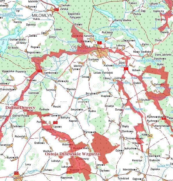 MAPA 8 OBSZARY NATURA 2000 NA TERENIE GMINY OSTRÓDA: DOLINA DRWĘCY PLH280001, OSTOJA WZGÓRZA DYLEWSKIE PLH 280043 Obszary Natura 2000 na