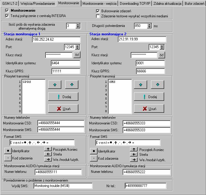 SATEL GSM LT-2 31 telefonicznej, możliwe będzie sterowanie wejściami modułu (patrz: rozdział opisujący sterowanie z klawiatury telefonu podłączonego do wyjścia linii telefonicznej s. 39). 5.2.8 Zakładka Monitorowanie Część parametrów koniecznych do realizowania funkcji monitorowania można zaprogramować tylko przy pomocy programu DLOAD10.