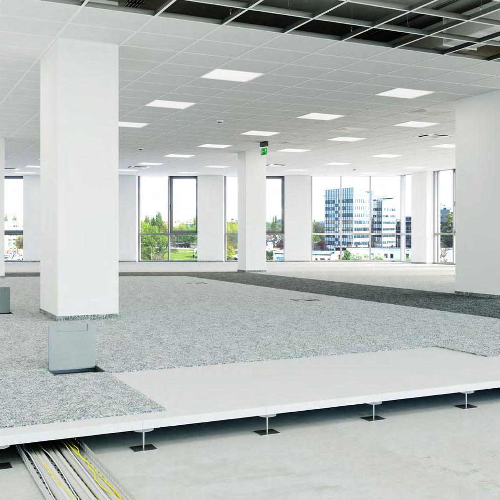 Zoptymalizowane oświetlenie na stanowisku pracy LED 500 lx Optimal lighting on working space LED 500 lx Okablowanie w puszkach podłogowych ułatwiające korzystanie z instalacji teletechnicznych