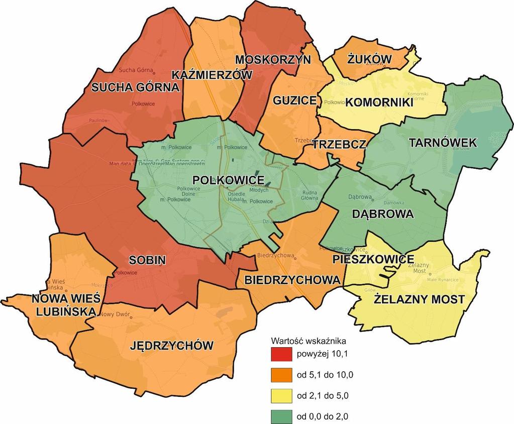 Wartości wskaźnika zaprezentowano na poniższym kartogramie. Rysunek 3.