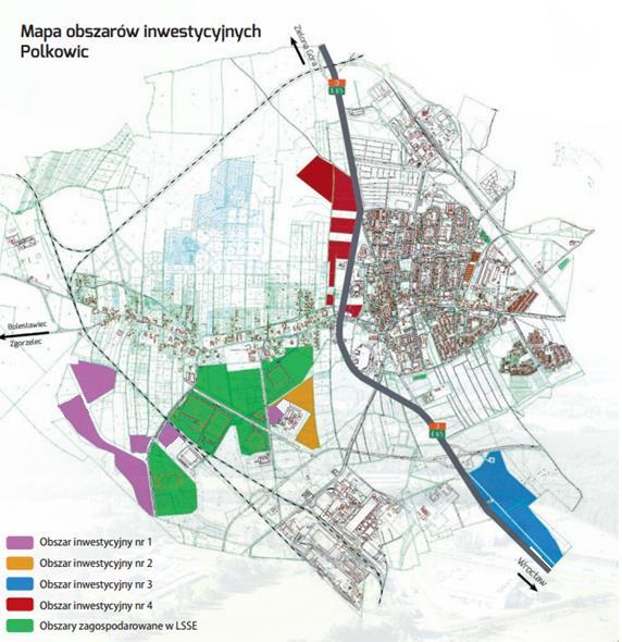 Rysunek 22. Mapa obszarów inwestycyjnych w Polkowicach Źródło: folder inwestycyjny Rozporządzeniem Rady Ministrów z dnia 15 kwietnia 1997 r.