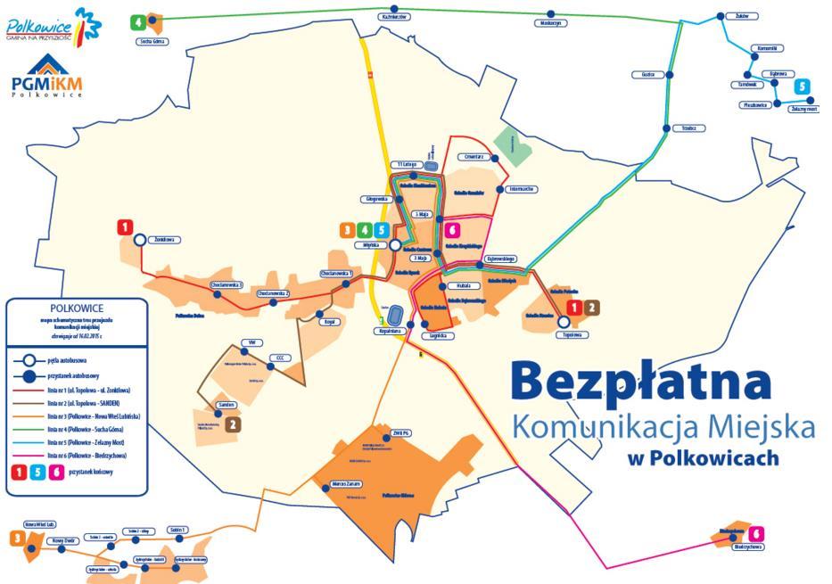 dwie linie autobusowe kursujące na trasie: osiedle Polanka Polkowice Nowe oraz Osiedle Polanka ul. Fabryczna/Sanden.